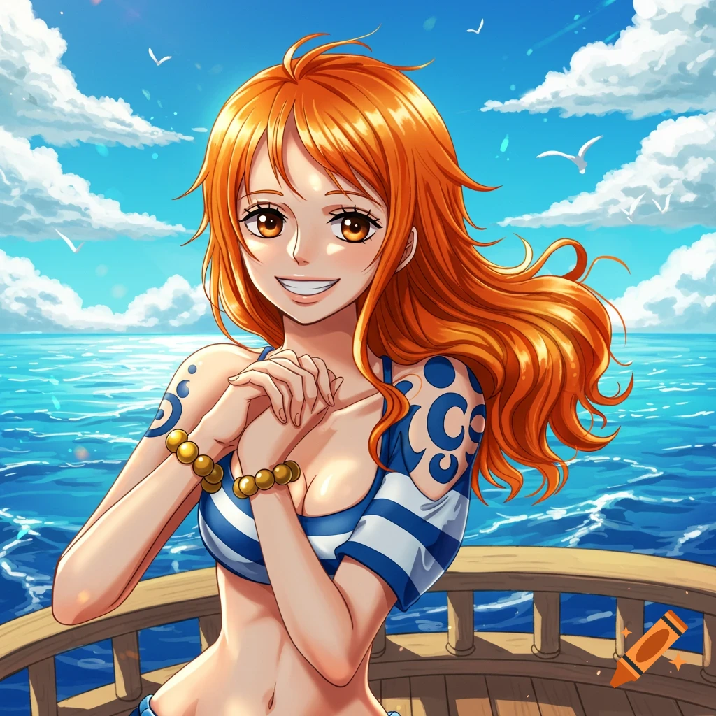 Anime girl Nami from One Piece, with orange hair, smiling in a striped bikini top on a ship deck with the ocean and sky behind her.