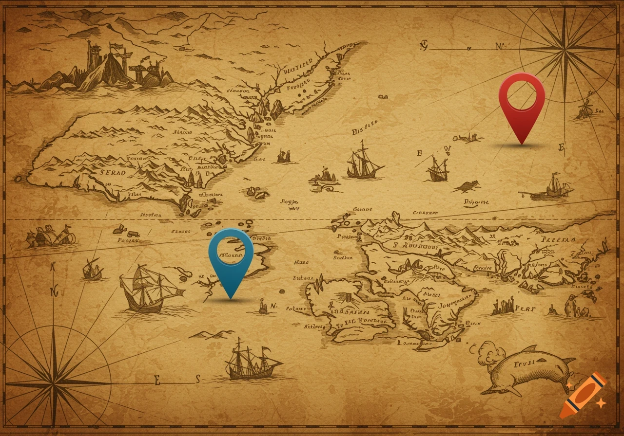 Vintage-style map with two prominent location pins, showing landmasses, ships, and a compass rose.