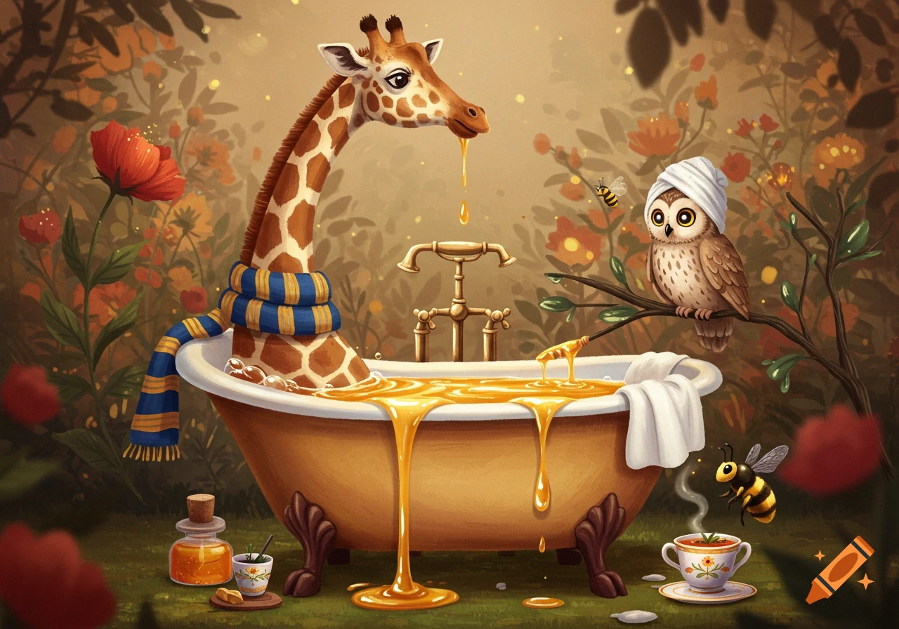 Whimsical illustration of a giraffe in a honey bath with a scarf, an owl in a towel, and a bee near a teacup in a garden.