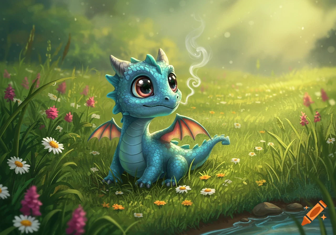 A cute blue baby dragon with large eyes sits in a sunny green field filled with colorful wildflowers, with a wisp of smoke curling from its nose.
