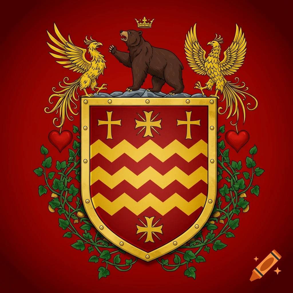 Heraldic coat of arms with a crowned bear, two golden phoenixes, a red and gold chevron shield with crosses, hearts, and vines.