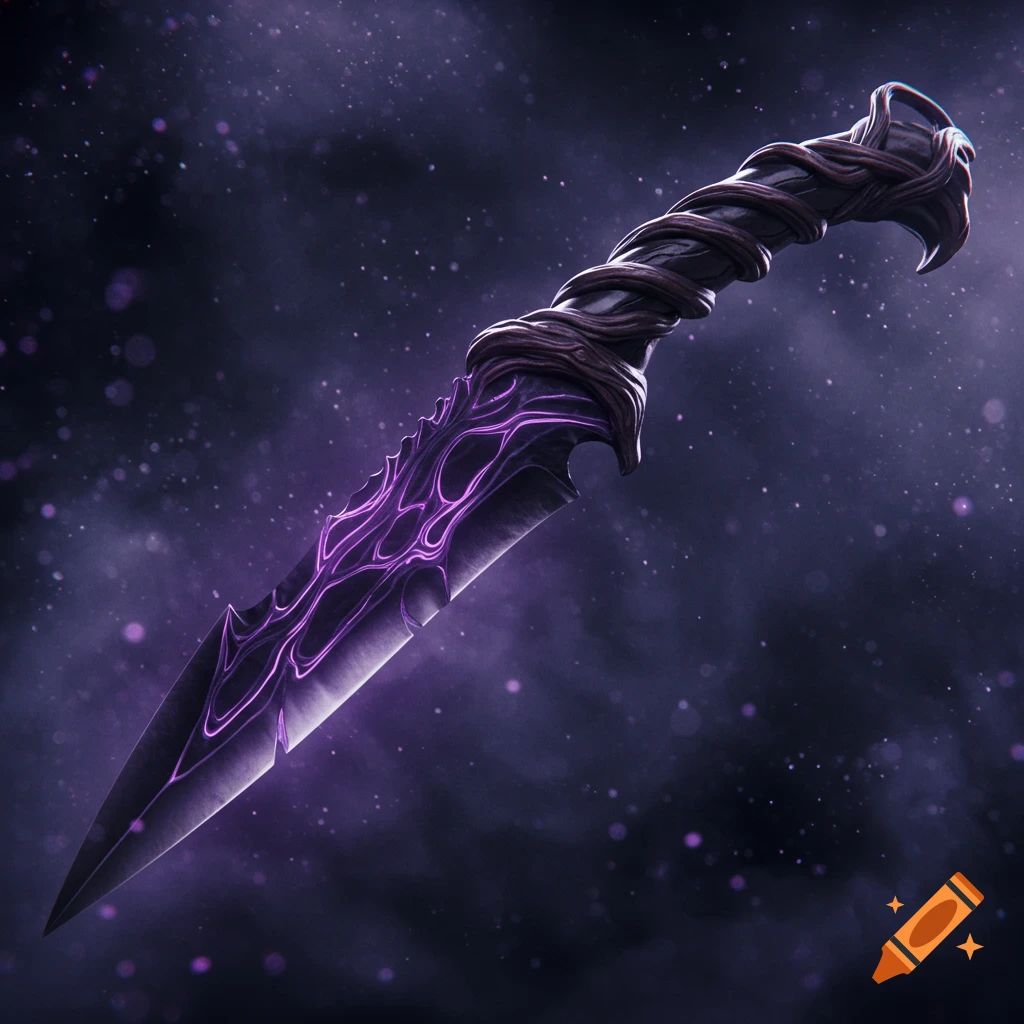 A dark fantasy dagger with a purple glowing blade and a twisted handle, set against a dark, speckled background.