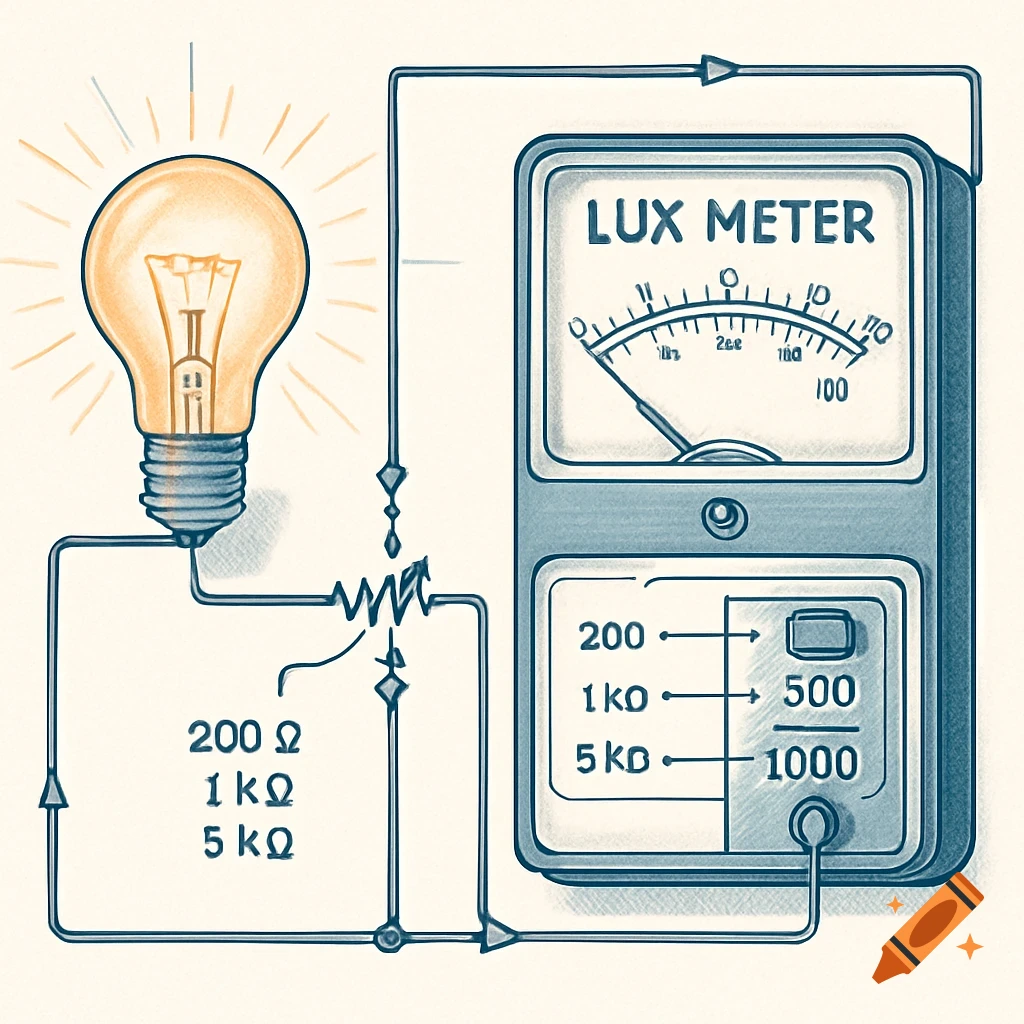 An illustration of an electrical circuit with a light bulb, a variable resistor, and a lux meter, displaying measurements and resistor values.