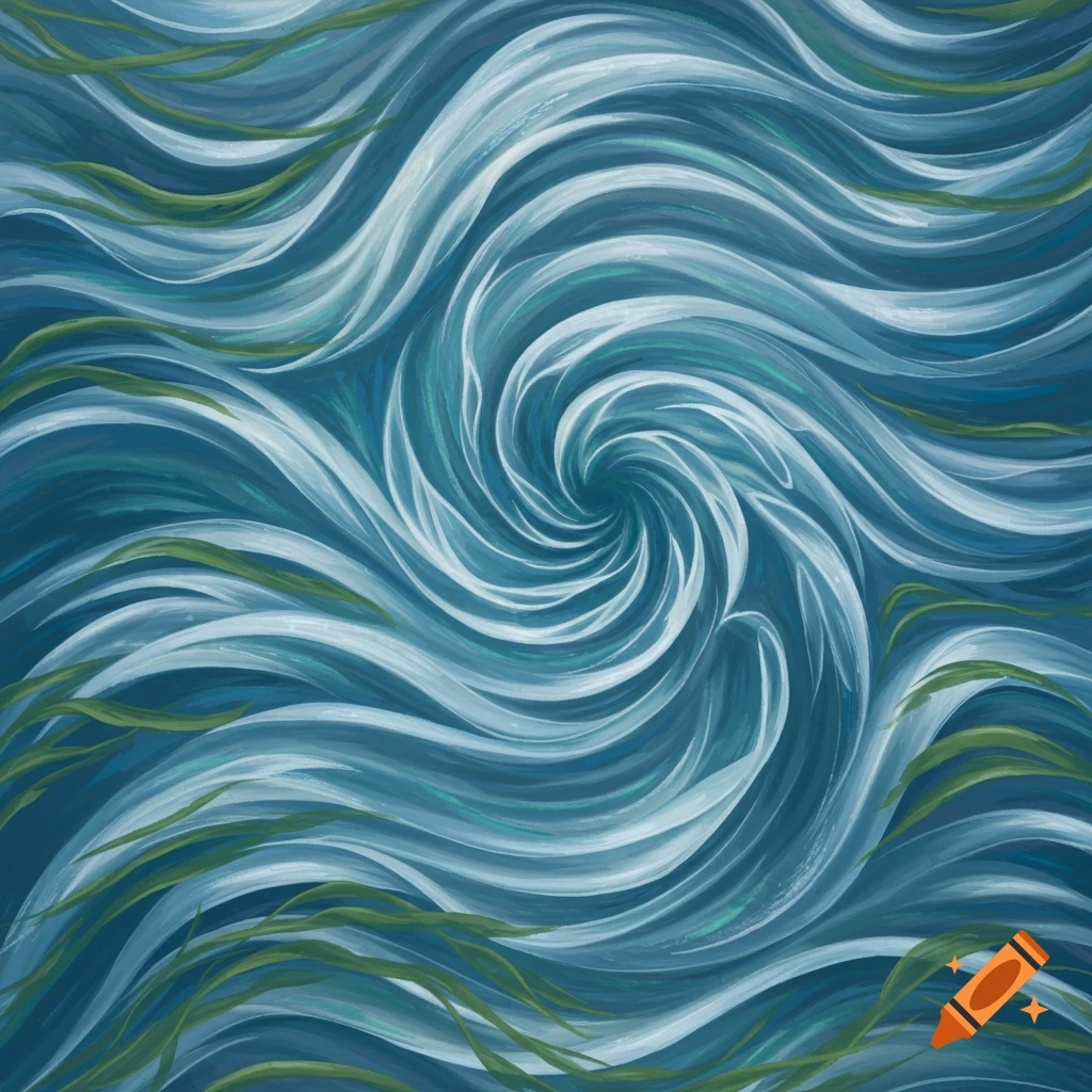 An abstract pattern of swirling blue and white lines resembling a water vortex or mackerel scales, with green wavy elements.