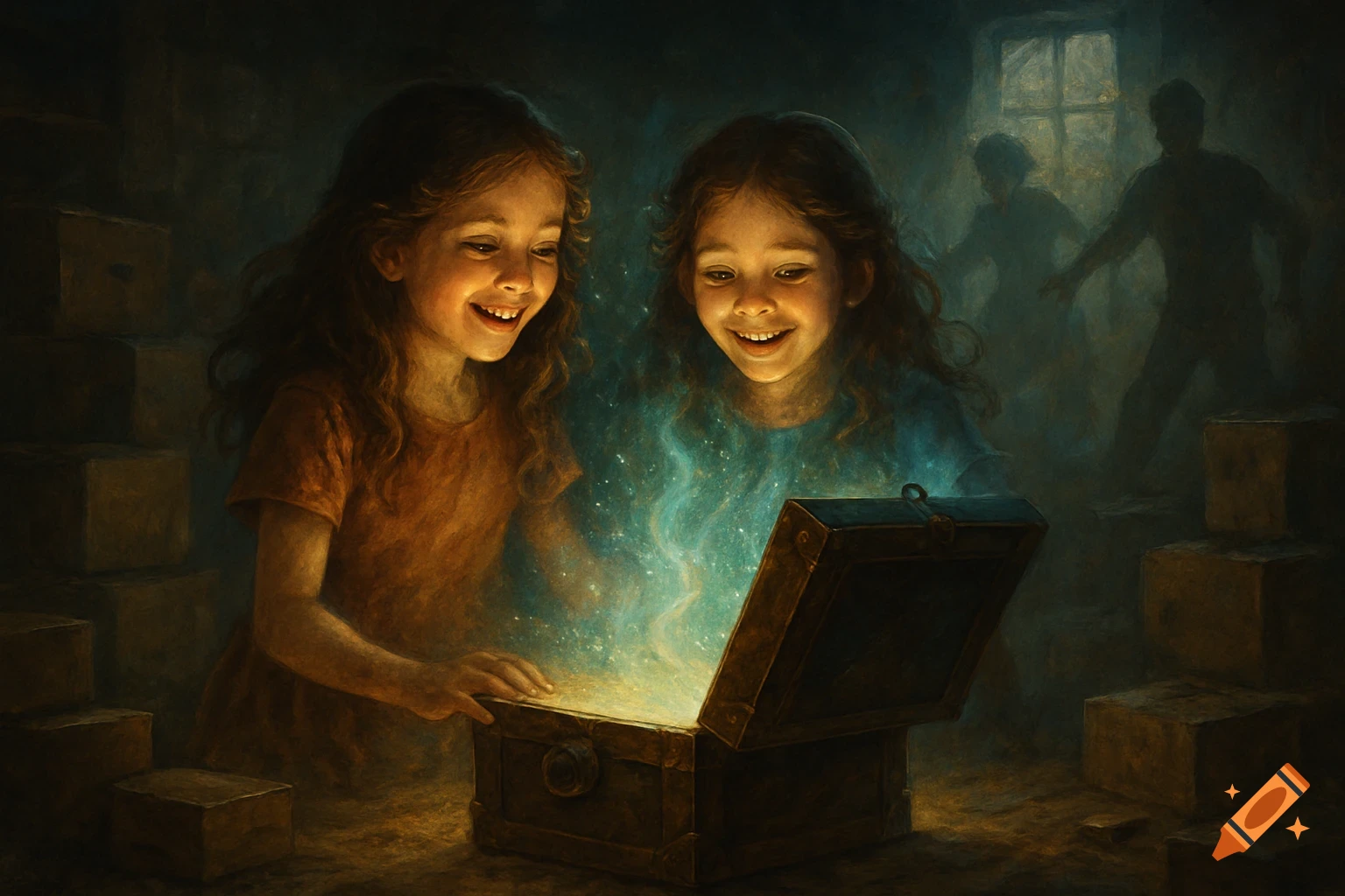 Two young girls with glowing faces look into a magical, open treasure chest emitting bright light and sparkles in a dark, mysterious room.