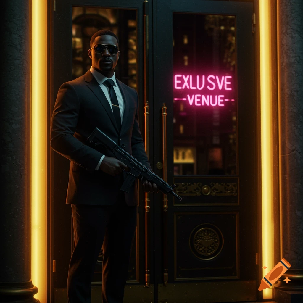 A man in a suit wearing sunglasses holds a rifle outside a neon-lit "EXLUSVE VENUE" at night, photorealistic style.