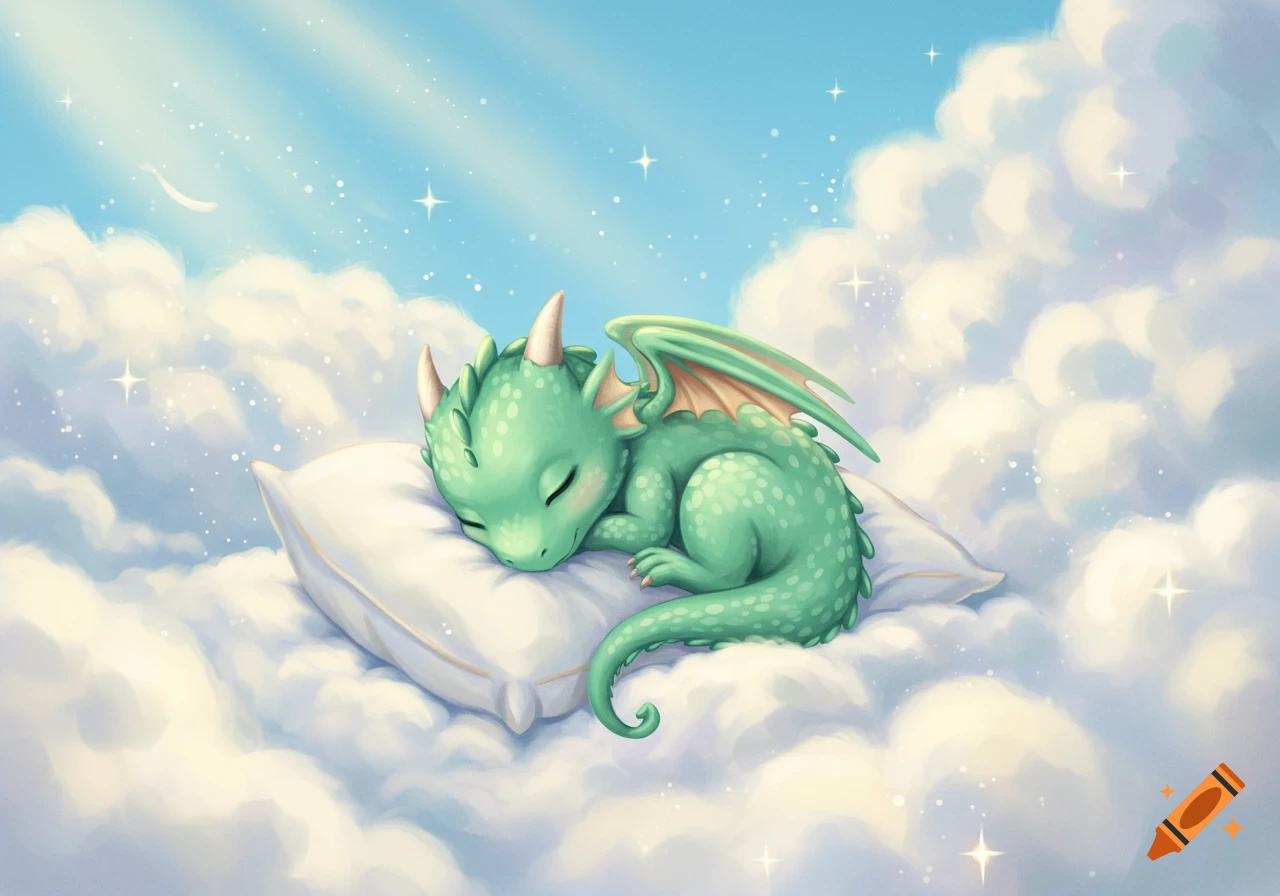 A cute green baby dragon with wings sleeps peacefully on a fluffy white cloud in a starry blue sky.