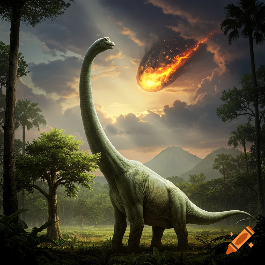 A large brachiosaurus stands in a lush prehistoric jungle, looking up at a fiery meteor plummeting through the cloudy sky.