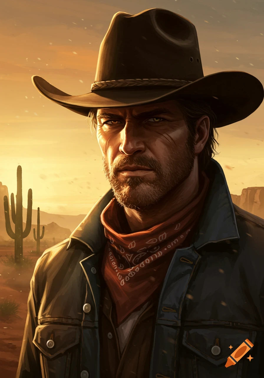 A striking portrait of a man in a cowboy hat and red bandana, with a beard, in a desert at sunset.