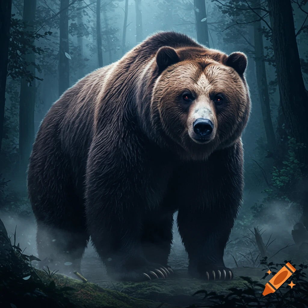 A large brown bear stands in a dark, misty forest, looking directly at the viewer.
