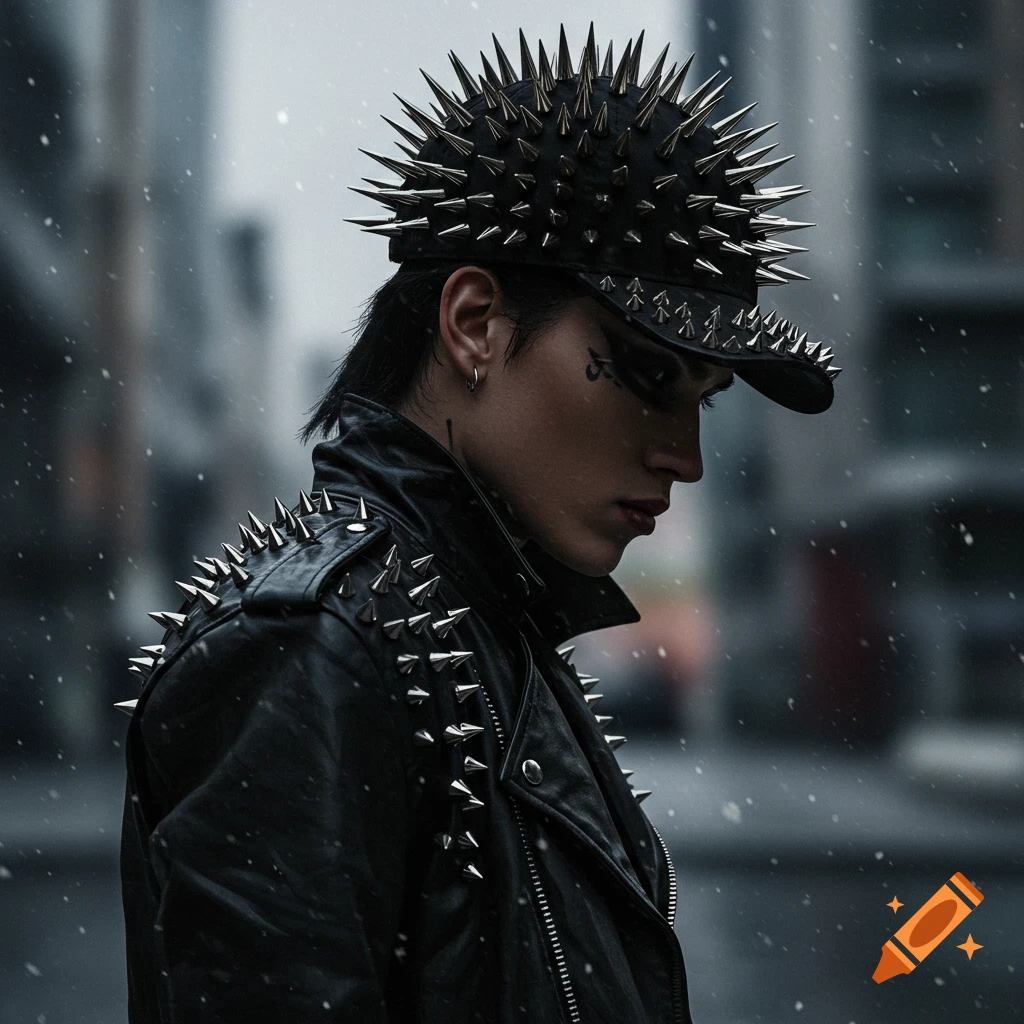 A person in a black leather jacket and a black spiked cap, with snow falling around them.