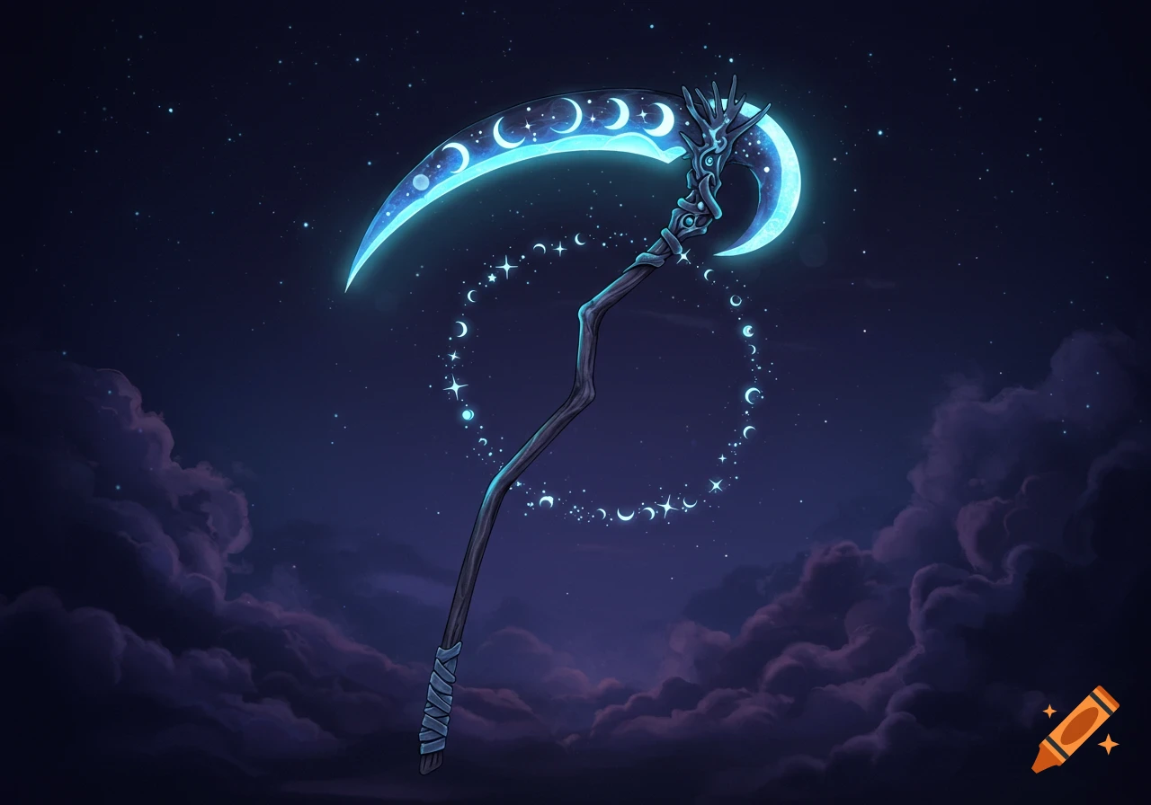 A glowing blue lunar-themed scythe with a branch handle, surrounded by stars and crescent moons, against a starry night sky with dark clouds.
