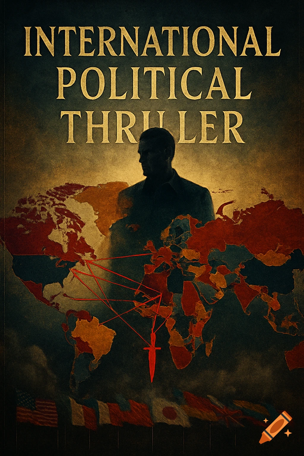 Stylized poster for an international political thriller, featuring a silhouetted figure, a world map with red lines converging on a dagger, and international flags.