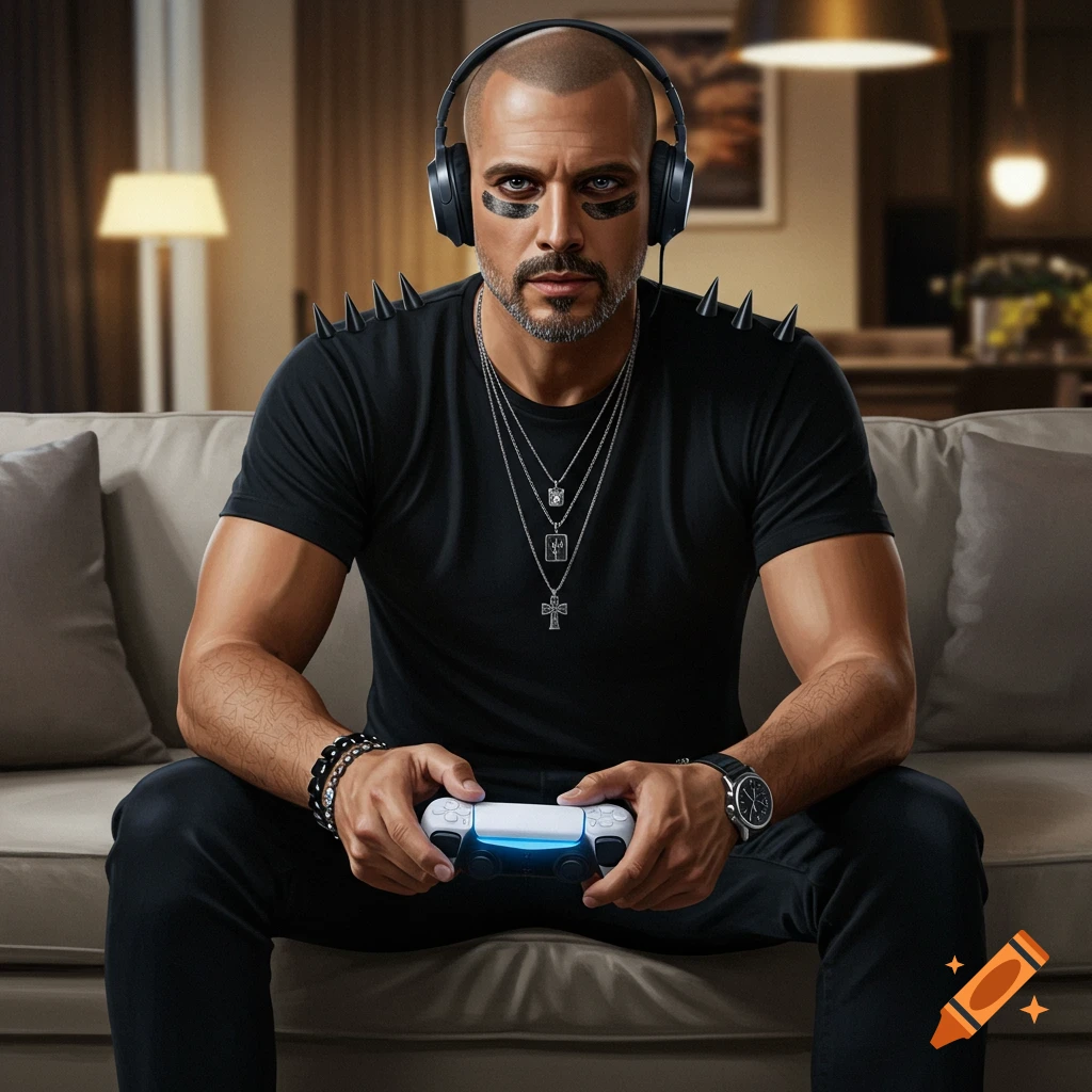 A bald man with eye black and headphones sits on a sofa, holding a PS5 controller.