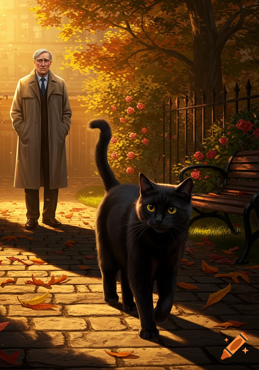 A black cat walks on a cobblestone path in an autumn park, with an elderly man in a trench coat standing in the background.