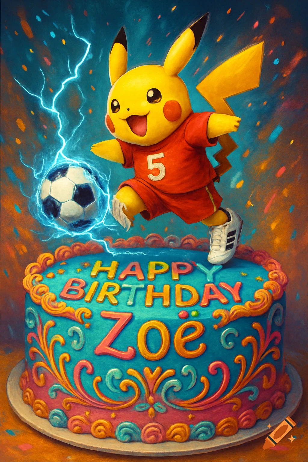A vibrant, cartoon-style image of Pikachu in a red soccer jersey kicking a lightning-charged ball, standing on a blue birthday cake that says "HAPPY BIRTHDAY ZOE."