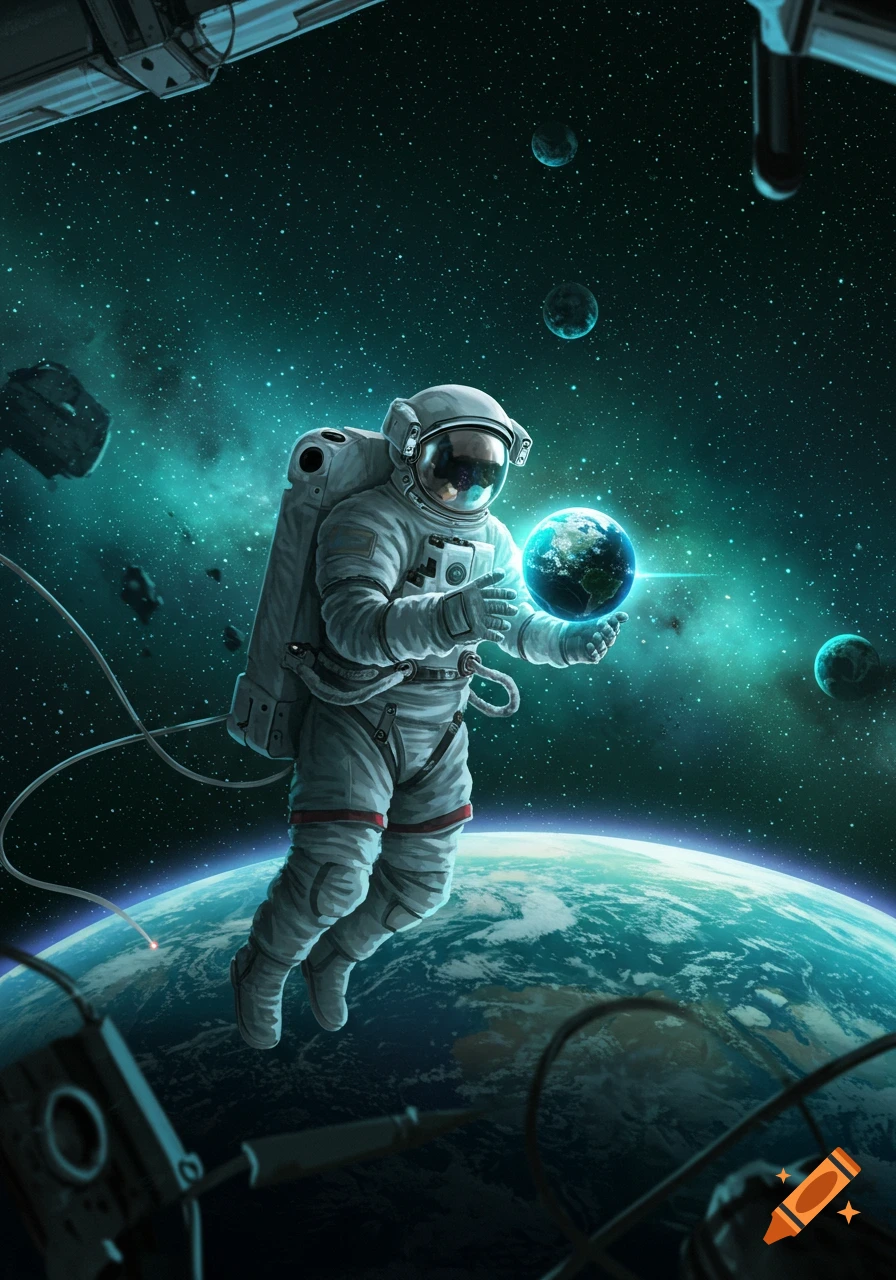An astronaut floats in space above Earth, holding a glowing miniature Earth in their hands, against a starry, teal-lit background.