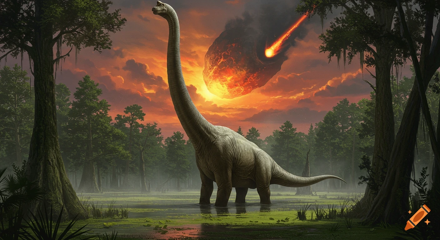 A brachiosaurus stands in a swamp, looking up at a fiery asteroid falling from a vibrant sunset sky.