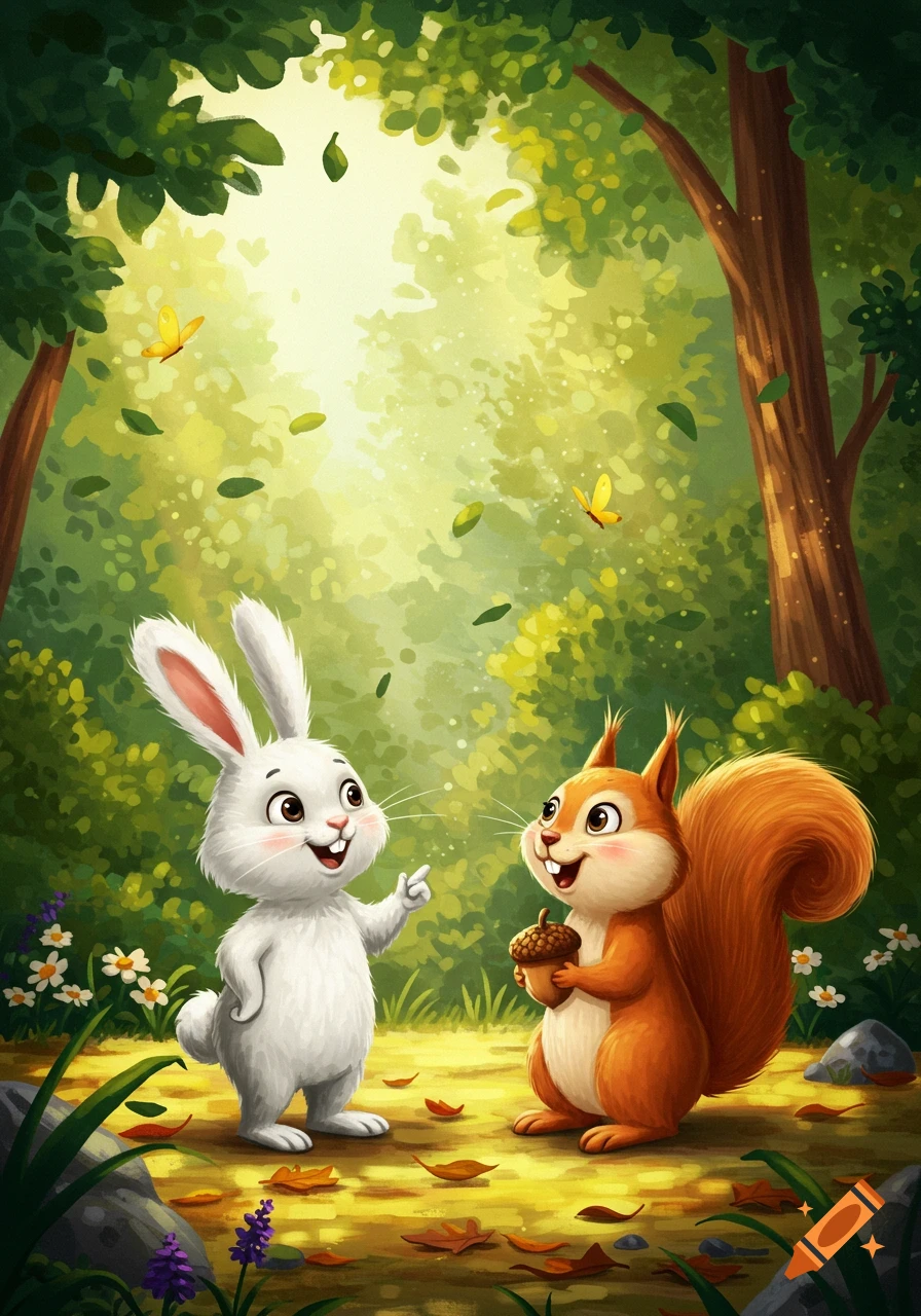 A cartoon rabbit and squirrel in a sunny forest clearing. The rabbit points as the squirrel holds an acorn.