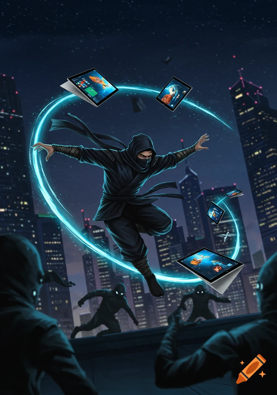 A ninja in a city at night, mid-air, surrounded by blue energy, throwing Microsoft Surface tablets at shadowy figures. Digital art.