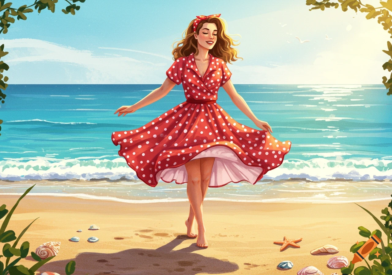 A smiling woman in a red polka dot dress stands on a sunny beach, her dress flowing.