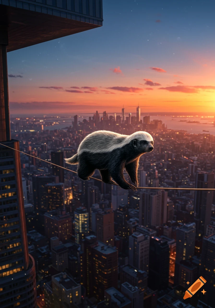 A honey badger walks on a tightrope high above a cityscape at sunset, with skyscrapers visible below.