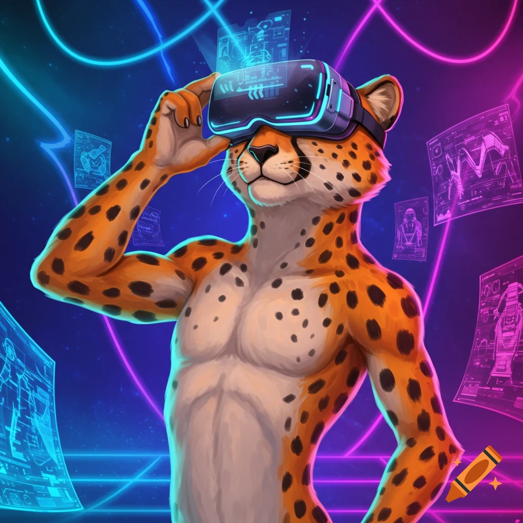 A vibrant digital art piece of an anthropomorphic cheetah wearing a VR headset, surrounded by glowing neon lines and holographic displays.