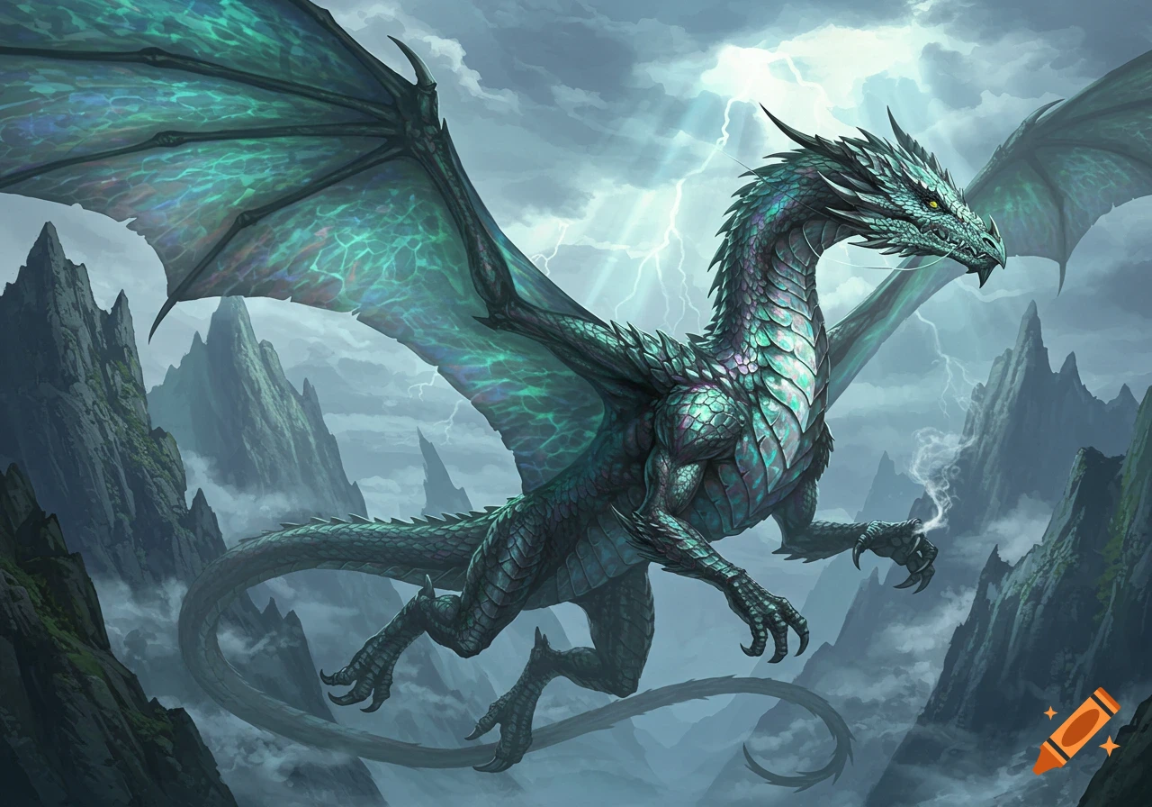 A teal and green dragon with large wings soars through a stormy mountain landscape with lightning in a fantasy art style.