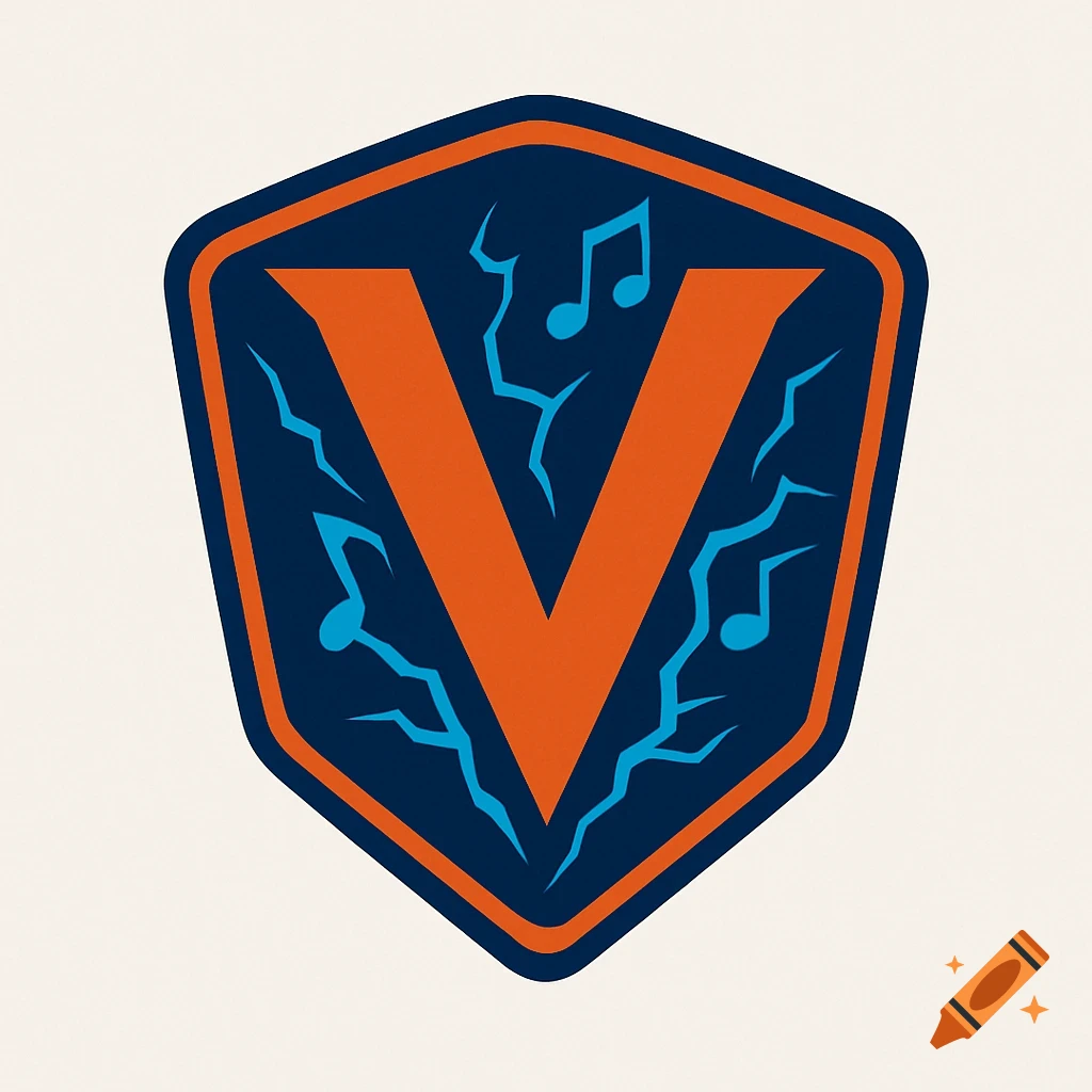 A vector style logo featuring a stylized orange capital V inside a dark blue shield badge, with light blue music notes and electric currents flowing around the V.