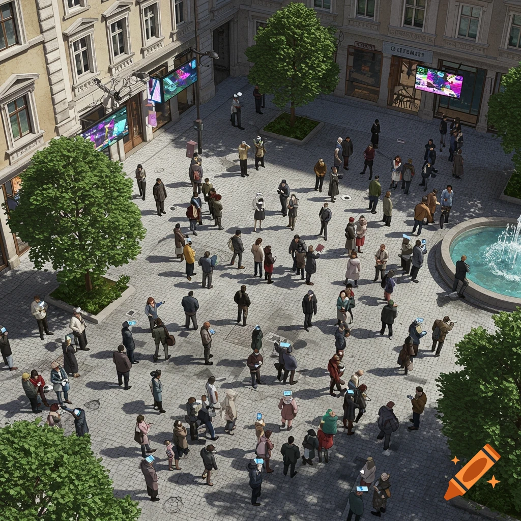 An overhead view of a large crowd of people gathered in a paved urban plaza with buildings, trees, and a fountain, many looking at their phones.
