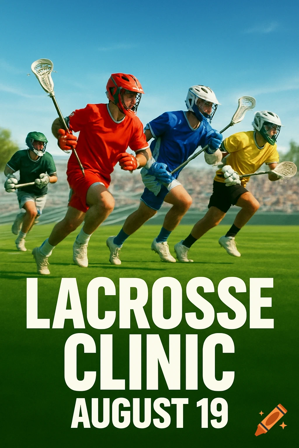 Four photorealistic lacrosse players running on a green field under a clear blue sky. Text reads 'LACROSSE CLINIC AUGUST 19'.