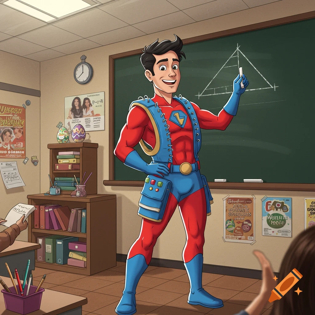 A smiling male superhero character stands in a classroom, pointing at a geometry drawing on a chalkboard.