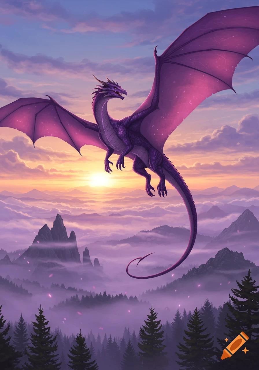 A purple dragon with large wings flies over a misty mountain range and forest at sunset with pink and purple skies.