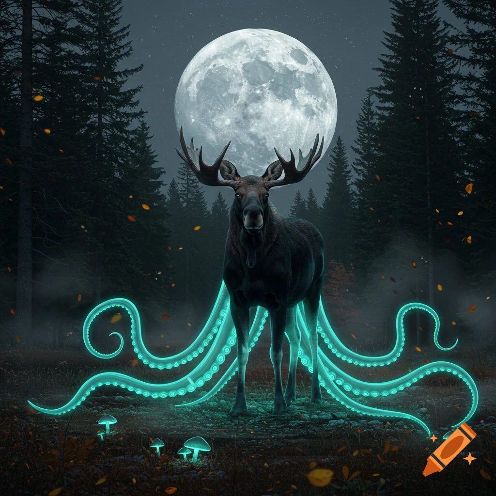A large moose with glowing blue octopus tentacles instead of legs stands in a dark forest under a bright full moon.