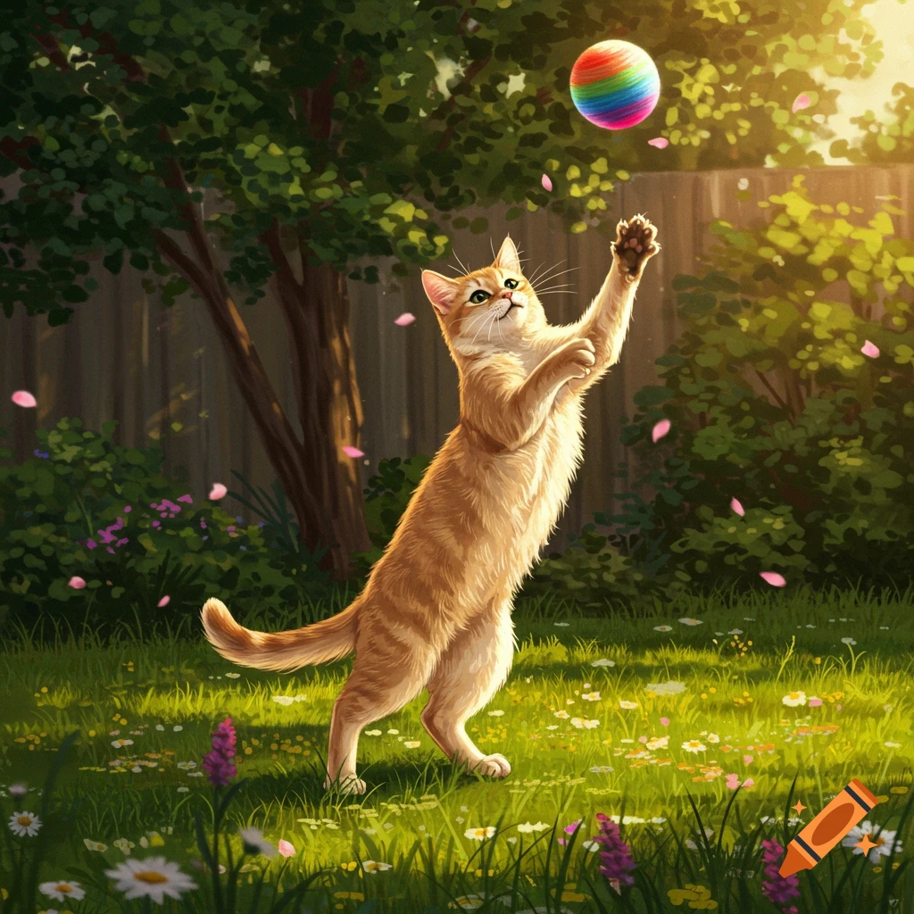 An orange cat jumps to swat a rainbow ball in a sunny green garden with trees and flowers, in an illustrative style.