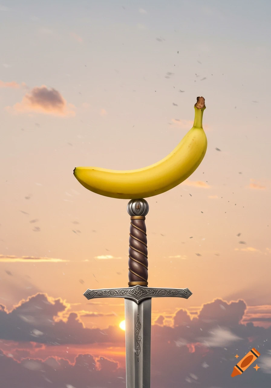 A ripe yellow banana balances perfectly on the hilt of a medieval sword against a sunset sky.