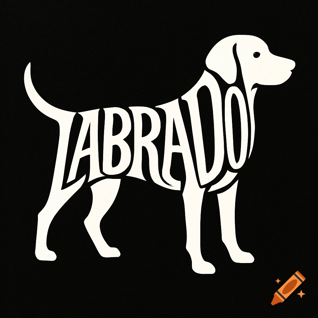 White typographic silhouette of a Labrador dog spelling 'LABRADOR' on a black background.