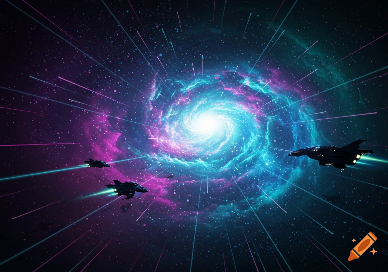 Futuristic spaceships fly towards a bright swirling blue and purple galaxy.
