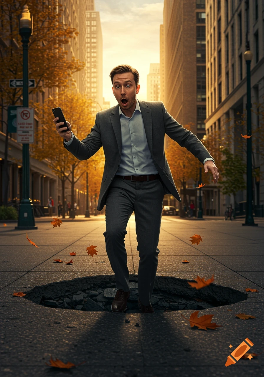 Photorealistic image of a man in a suit looking surprised as he steps into a hole on a city street with autumn leaves.