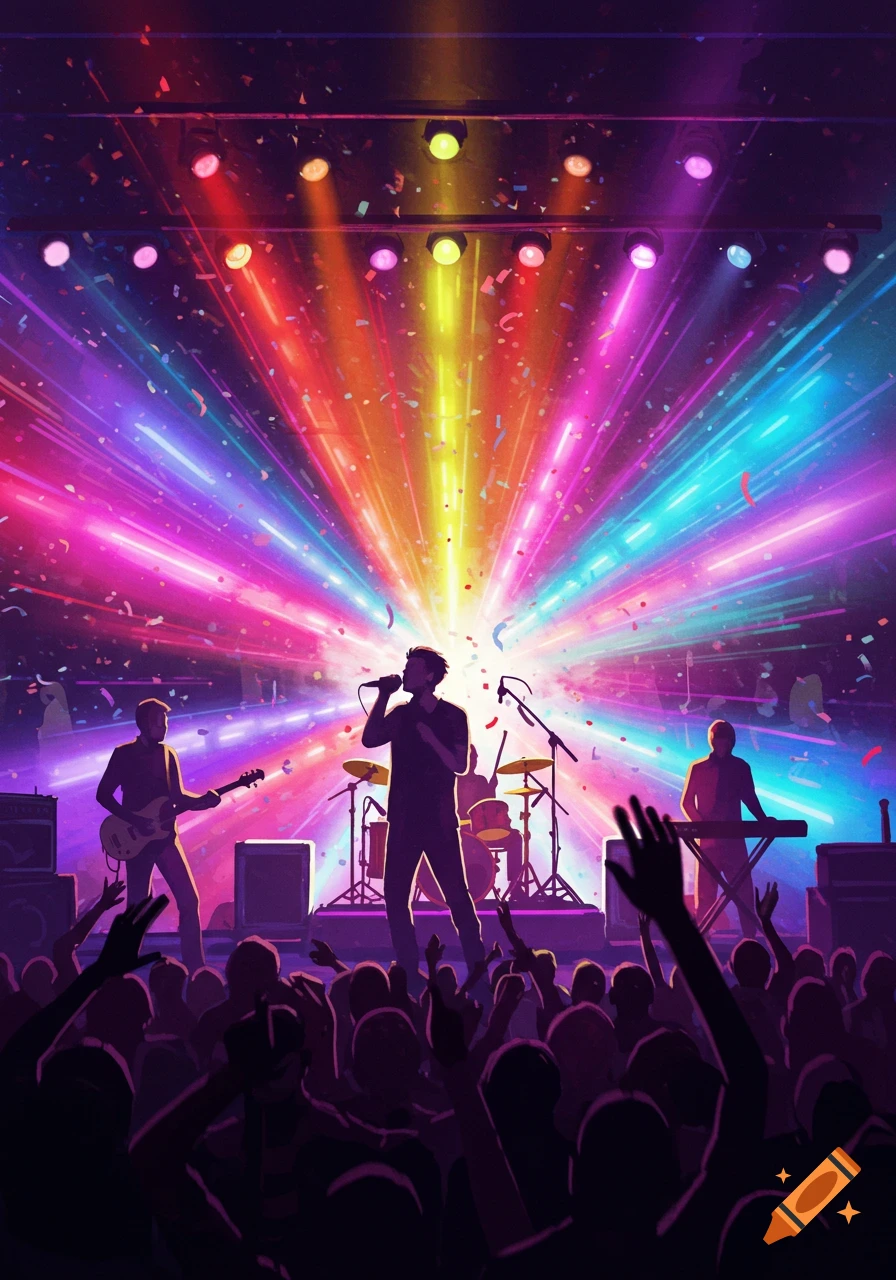 Vibrant illustration of a band performing on stage under colorful spotlights and falling confetti, with a crowd cheering.