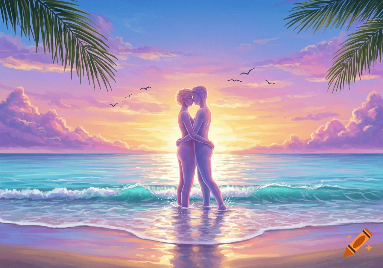 Stylized illustration of two nude figures embracing in colorful ocean at sunset.