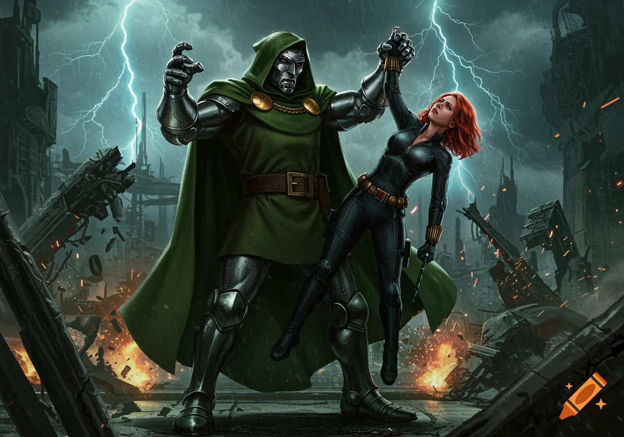 Dr. Doom in green cloak and armor holds Black Widow by the arm in a destroyed, lightning-struck city. Realistic comic art style.