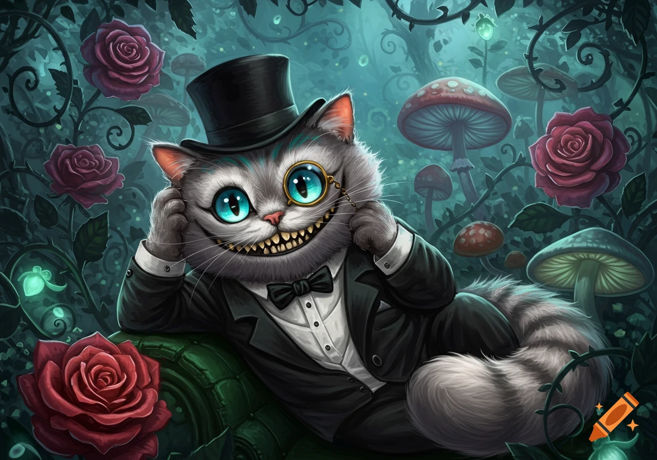 A fluffy gray Cheshire Cat in a tuxedo, top hat, and monocle smiles broadly, reclining in a vibrant whimsical forest with roses and mushrooms.
