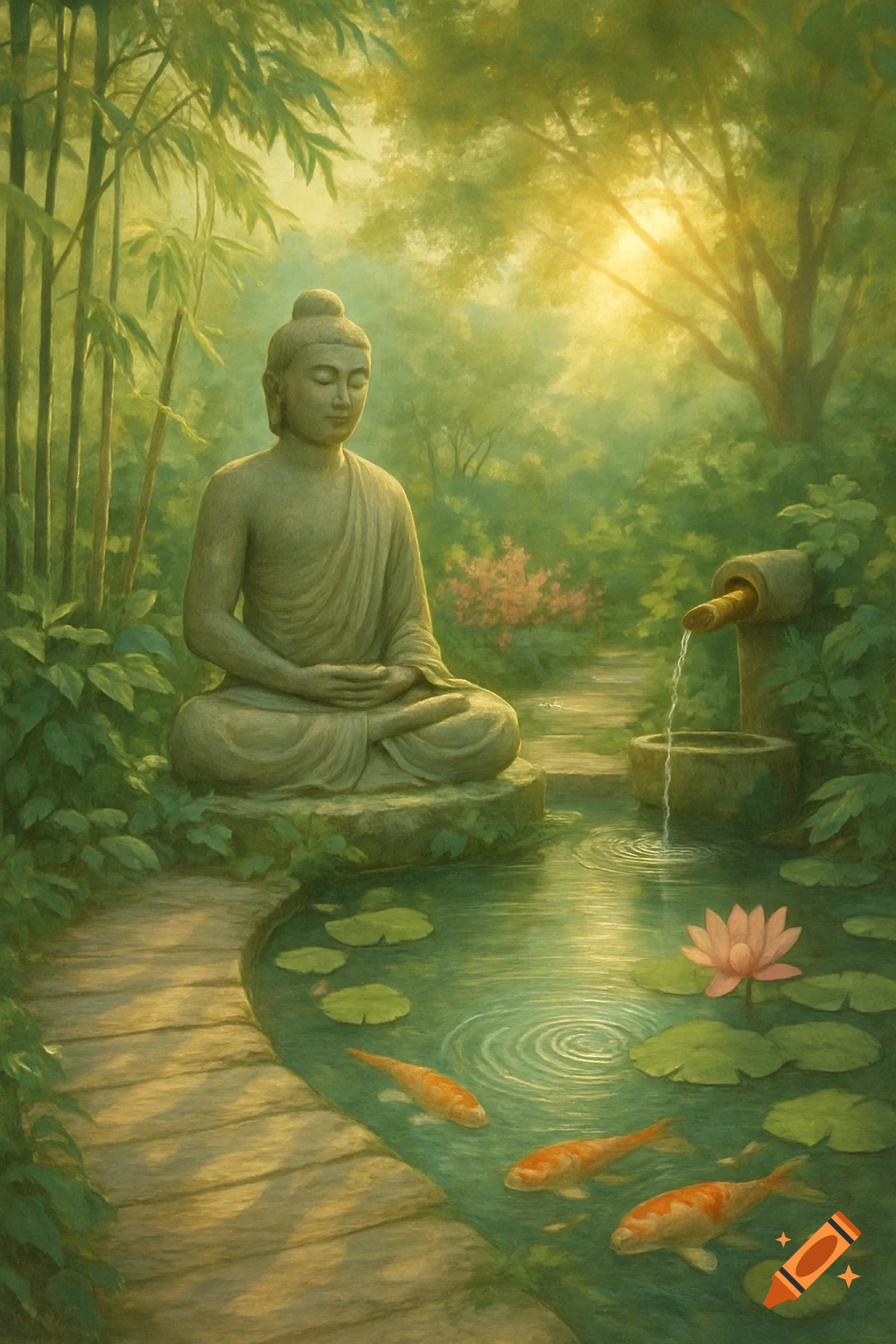A serene Buddha statue meditates by a pond with koi fish and a lotus flower in a lush green bamboo garden under soft sunlight.