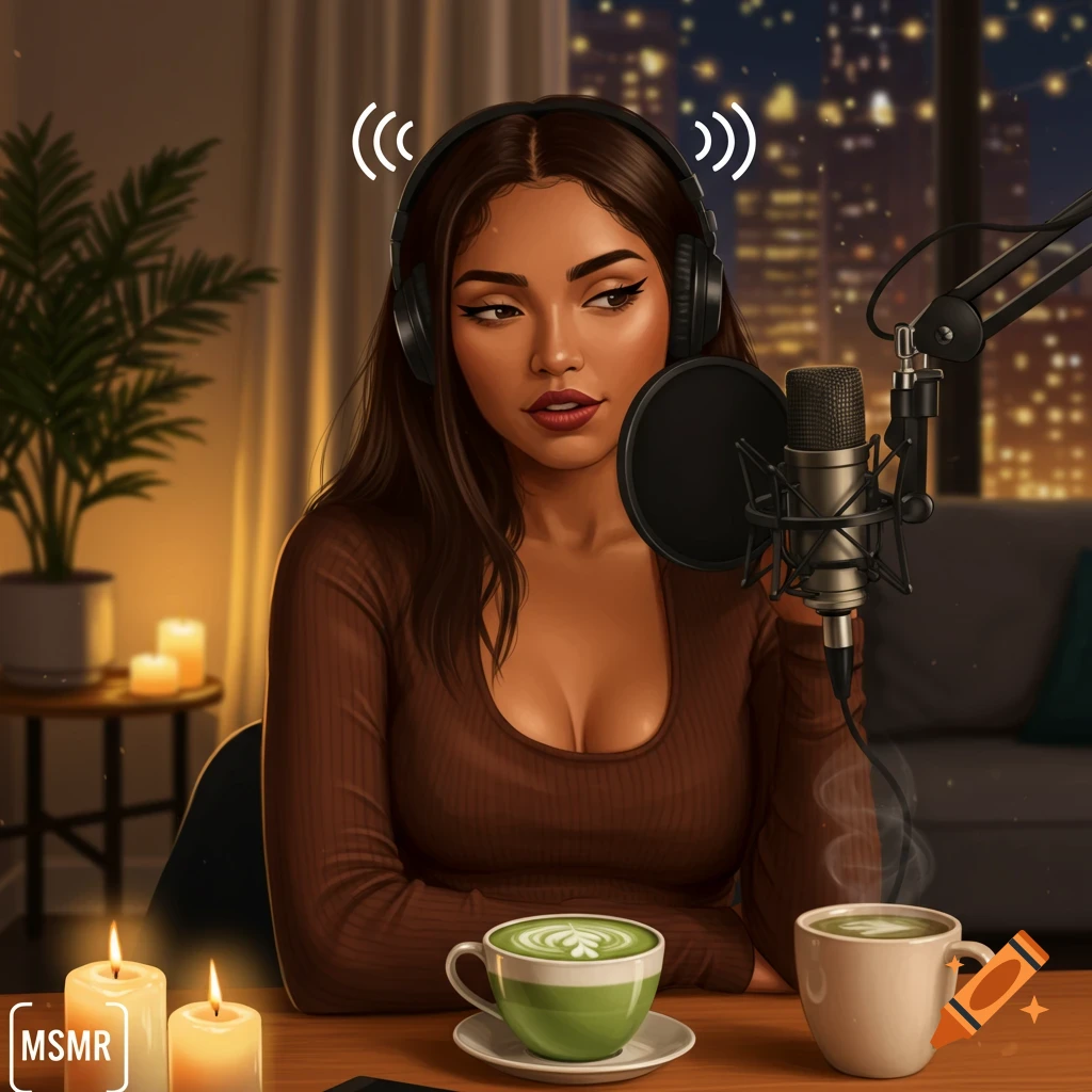 Digital art of a woman with headphones and a microphone, recording ASMR content in a cozy room at night, with candles and two cups of coffee.