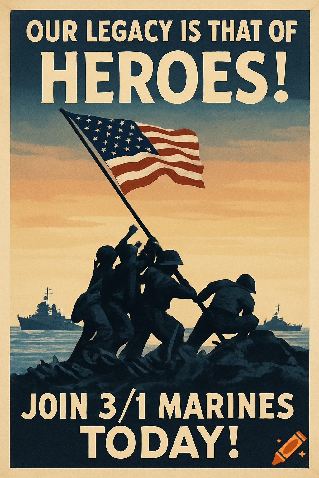A vintage-style Cold War propaganda poster shows silhouette of marines raising an American flag on a hill with navy ships in the background. Text reads "OUR LEGACY IS THAT OF HEROES!" and "JOIN 3/1 MARINES TODAY!".