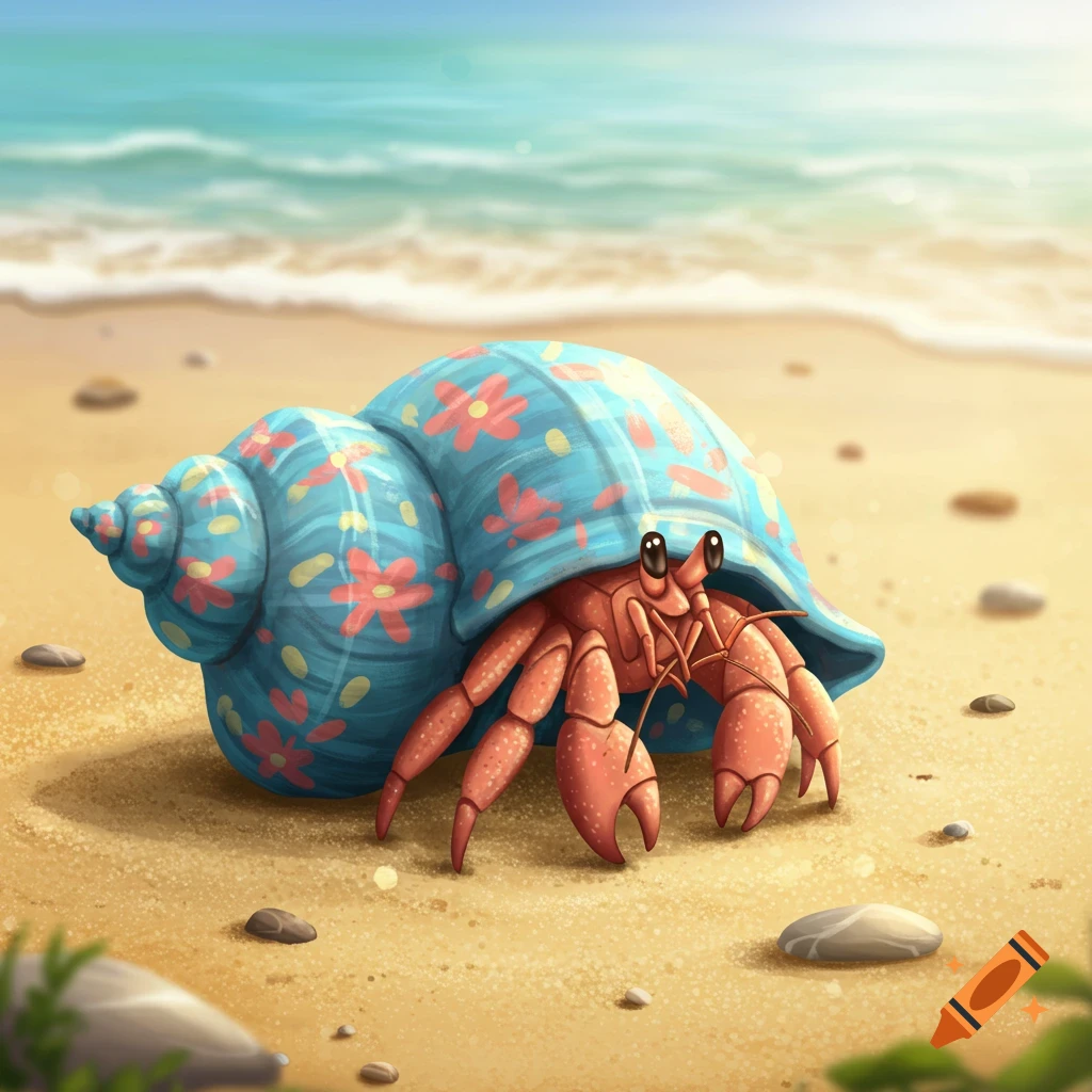 A cute hermit crab with a blue floral shell sits on a sandy beach with the ocean in the background, illustrated style.