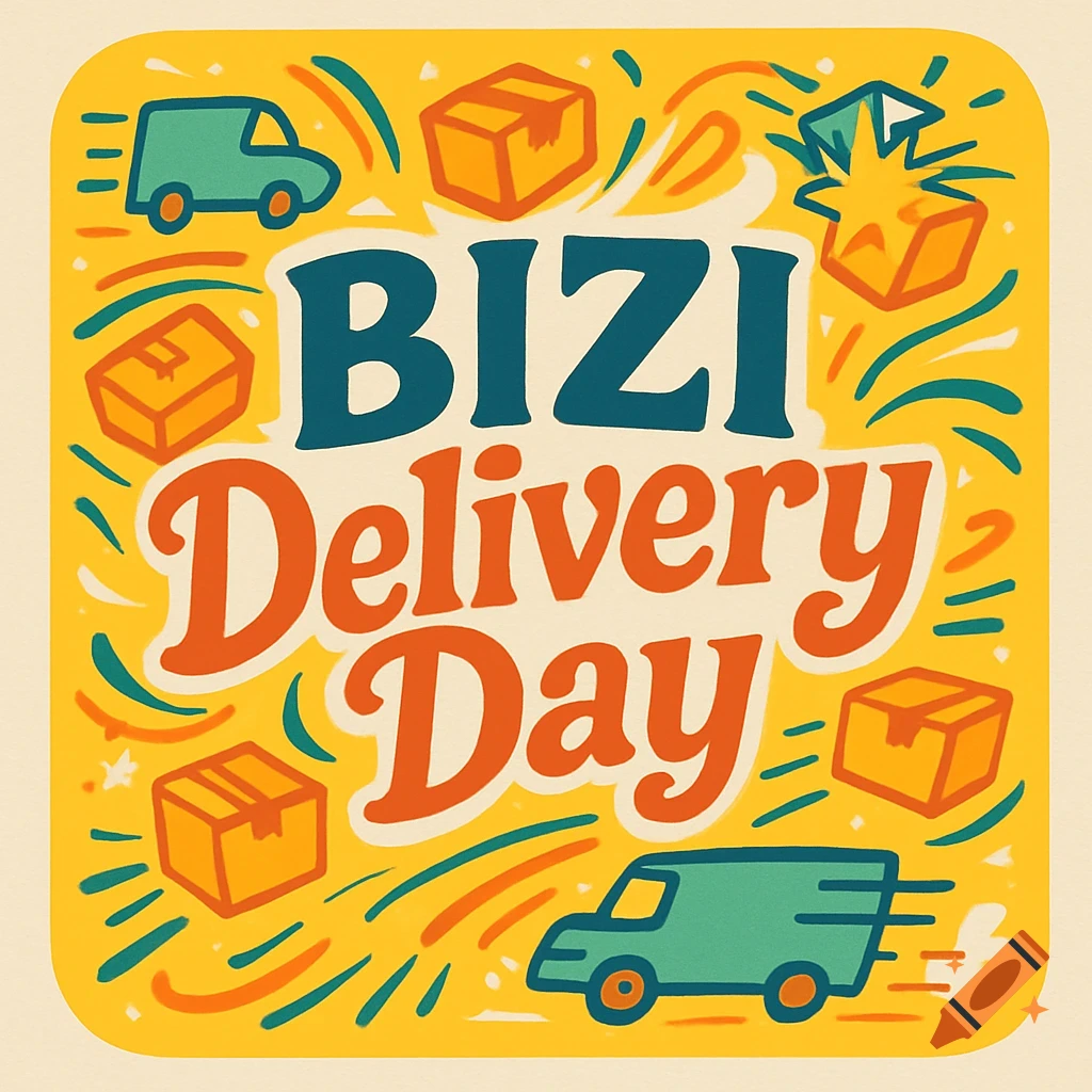 A colorful graphic with 'BIZI Delivery Day' text, featuring cartoon delivery vans and packages on a yellow background.