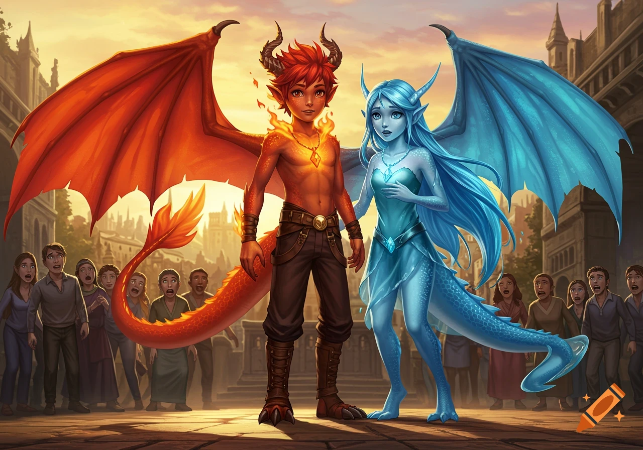 A red fire dragon boy and a blue water dragon girl stand together in a city street, with scared humans in the background, in a realistic cartoon style.