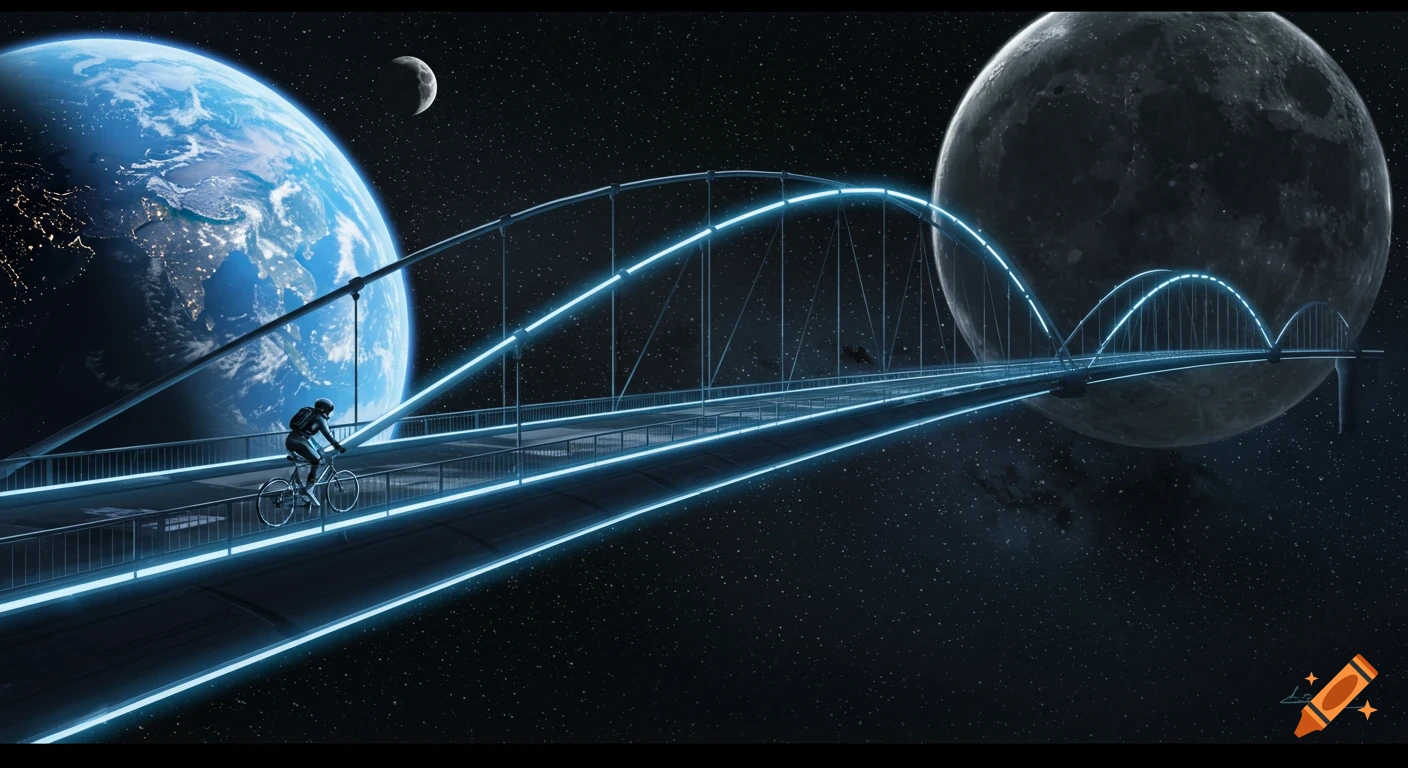 A lone cyclist in a spacesuit pedals on a futuristic, neon-lit bridge connecting Earth and the Moon, against a backdrop of stars.
